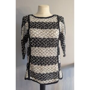 Chicos Knit Striped 3/4 Sleeve Top Women Size 2 Black White Textured Sweater